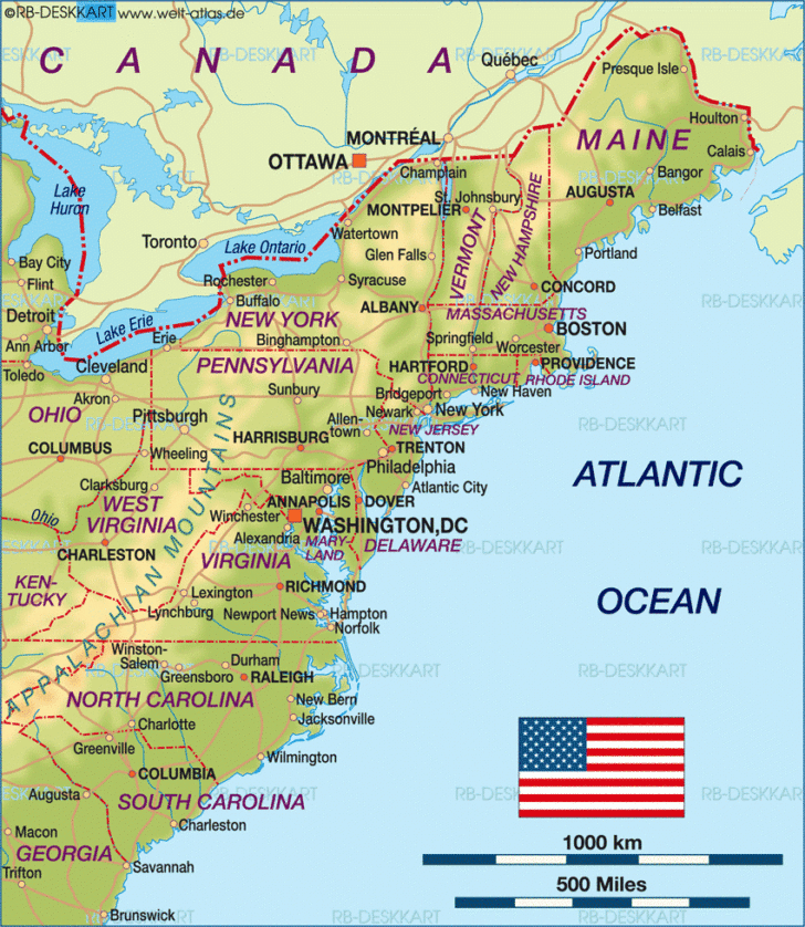 Map of East Coast States In USA