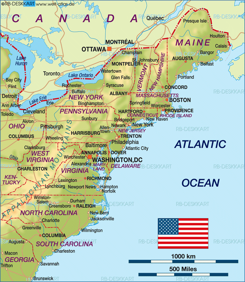 Map Of East Coast Usa (Region In United States) | Welt-Atlas.de with Map Of The East Coast Of The Usa