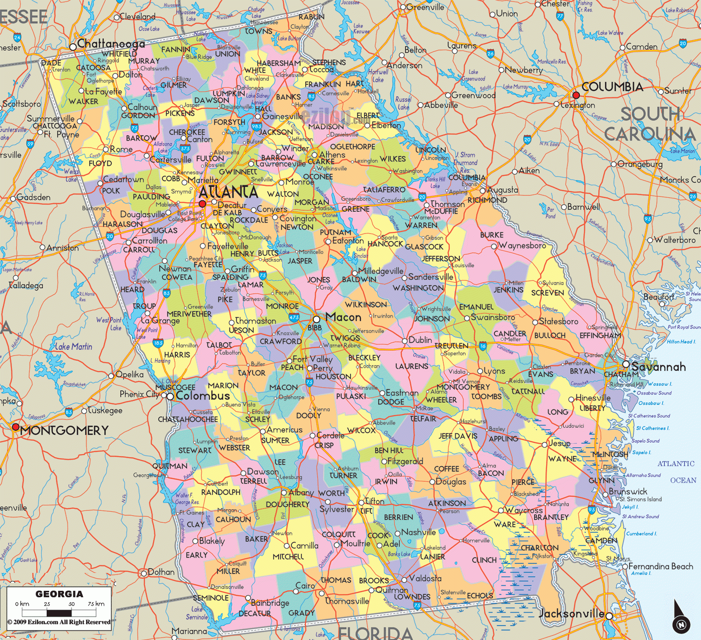 Map Of Georgia With Cities, Counties And Roads - Ezilon Maps in Map Of Georgia Usa With Cities