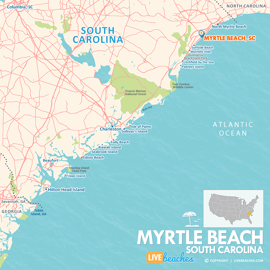 Map Of Myrtle Beach, South Carolina - Live Beaches intended for Myrtle Beach On Map of USA