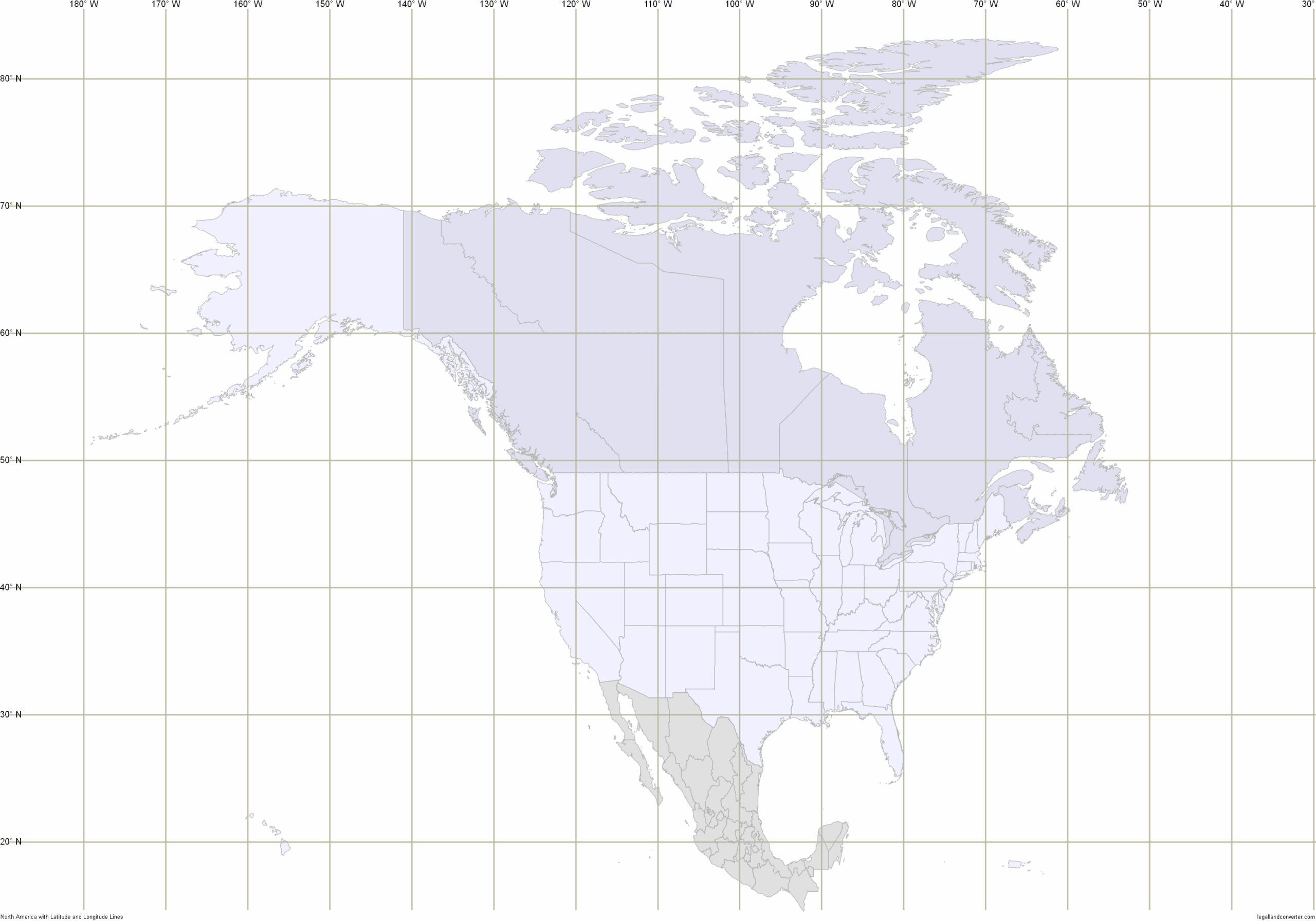 Map Of North America With Latitude And Longitude Grid intended for Map of USA with Lat and Long Lines