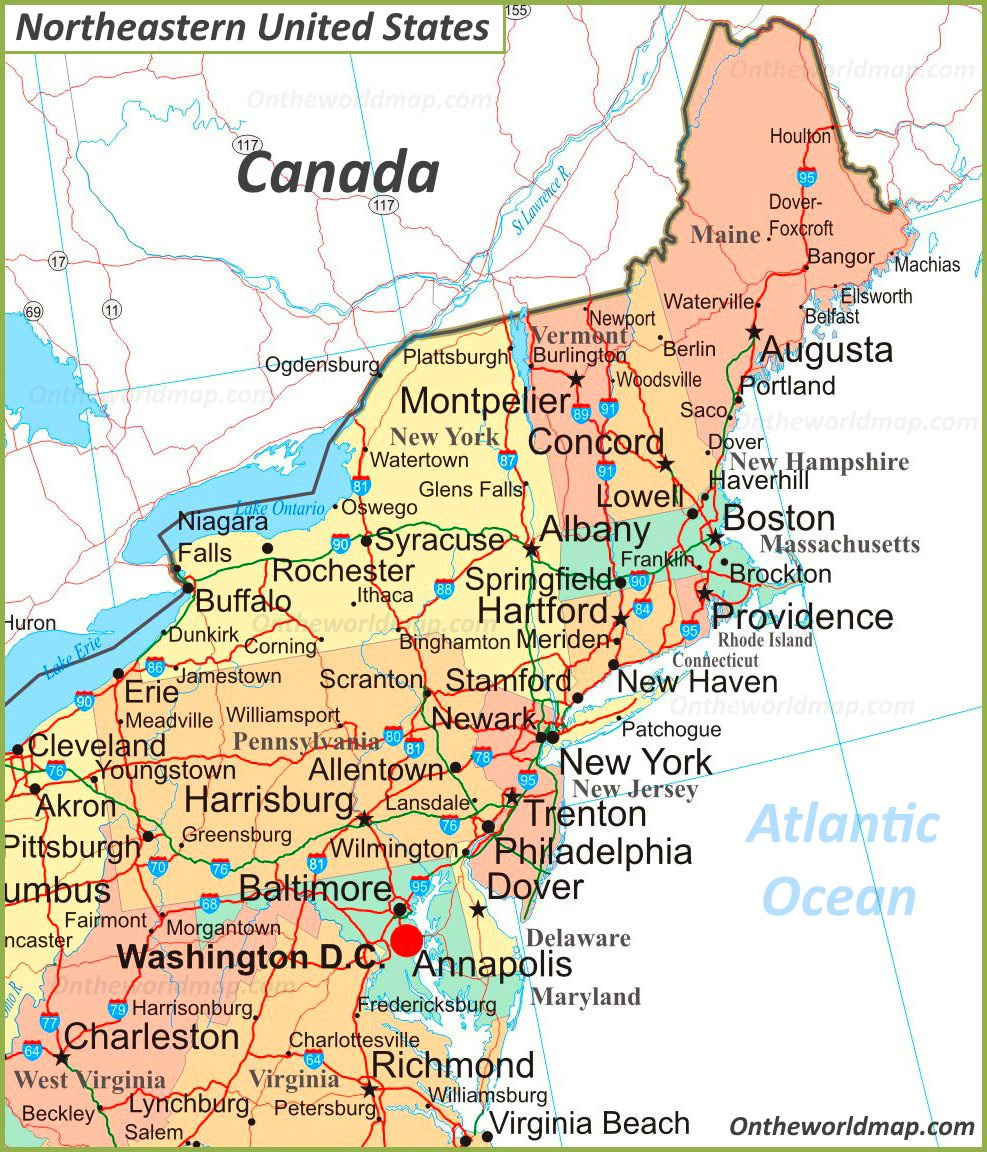 Map Of Northeastern United States - Ontheworldmap with regard to Map of Northeast USA with Cities