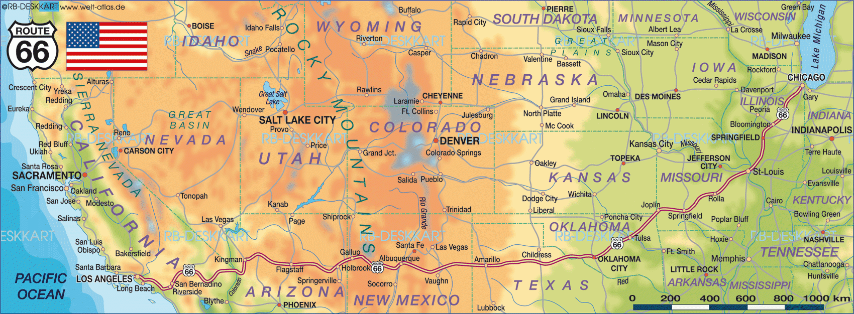 Map Of Route 66 (Region In United States, Usa) | Welt-Atlas.de intended for Road Map of Route 66 USA