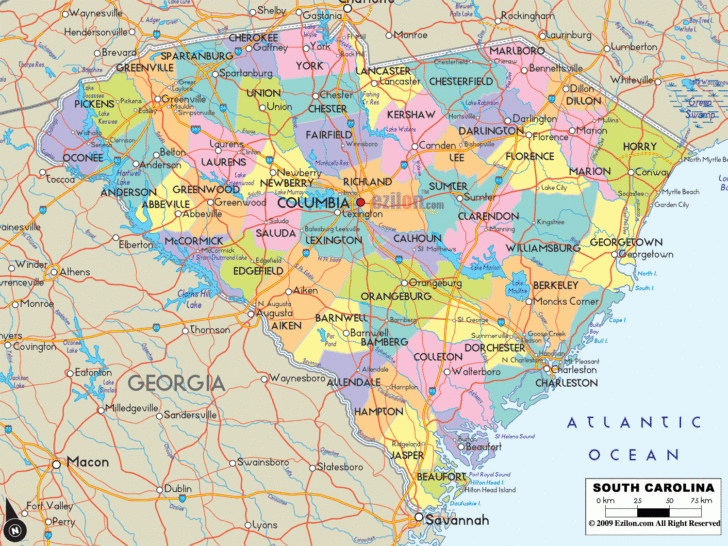Map of Georgia and South Carolina USA with Cities