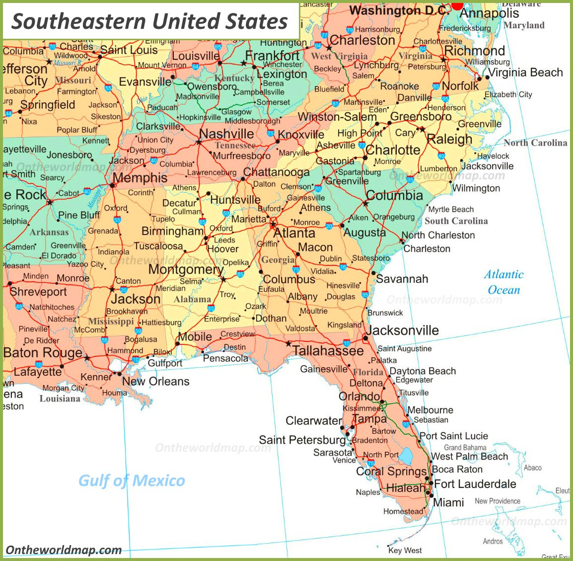 Map Of Southeastern United States - Ontheworldmap within Map of the South East USA