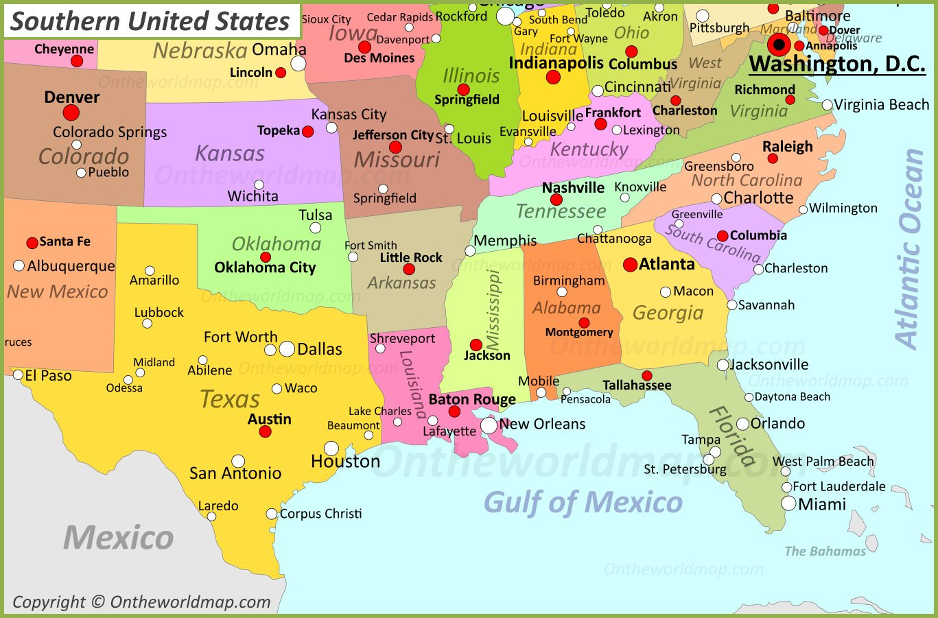 Map Of Southern United States - Ontheworldmap within Map Of Southern States In The Usa