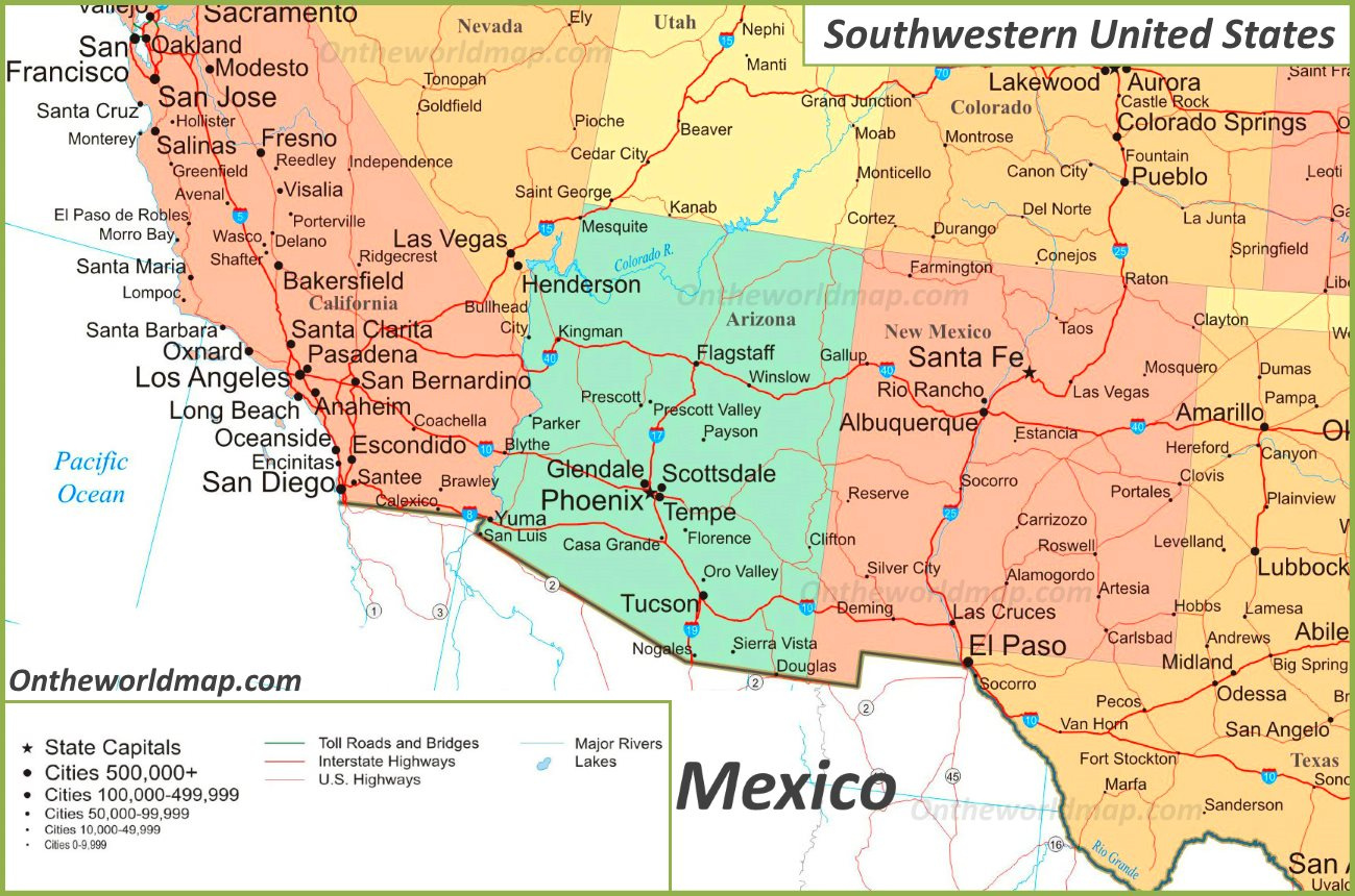 Map Of Southwestern United States - Ontheworldmap inside Map of Southwest USA with Cities