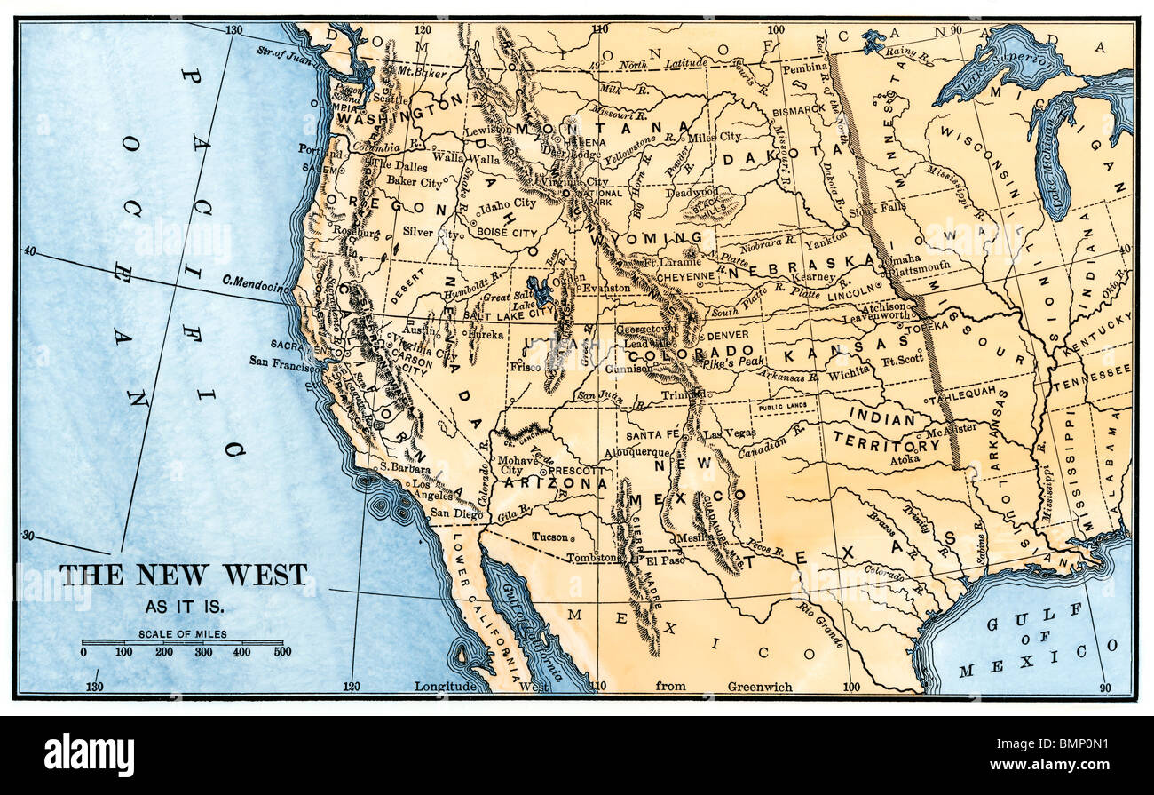 Map Of The American West In The 1880S. Hand-Colored Woodcut Stock with regard to Map Of The Old West Usa