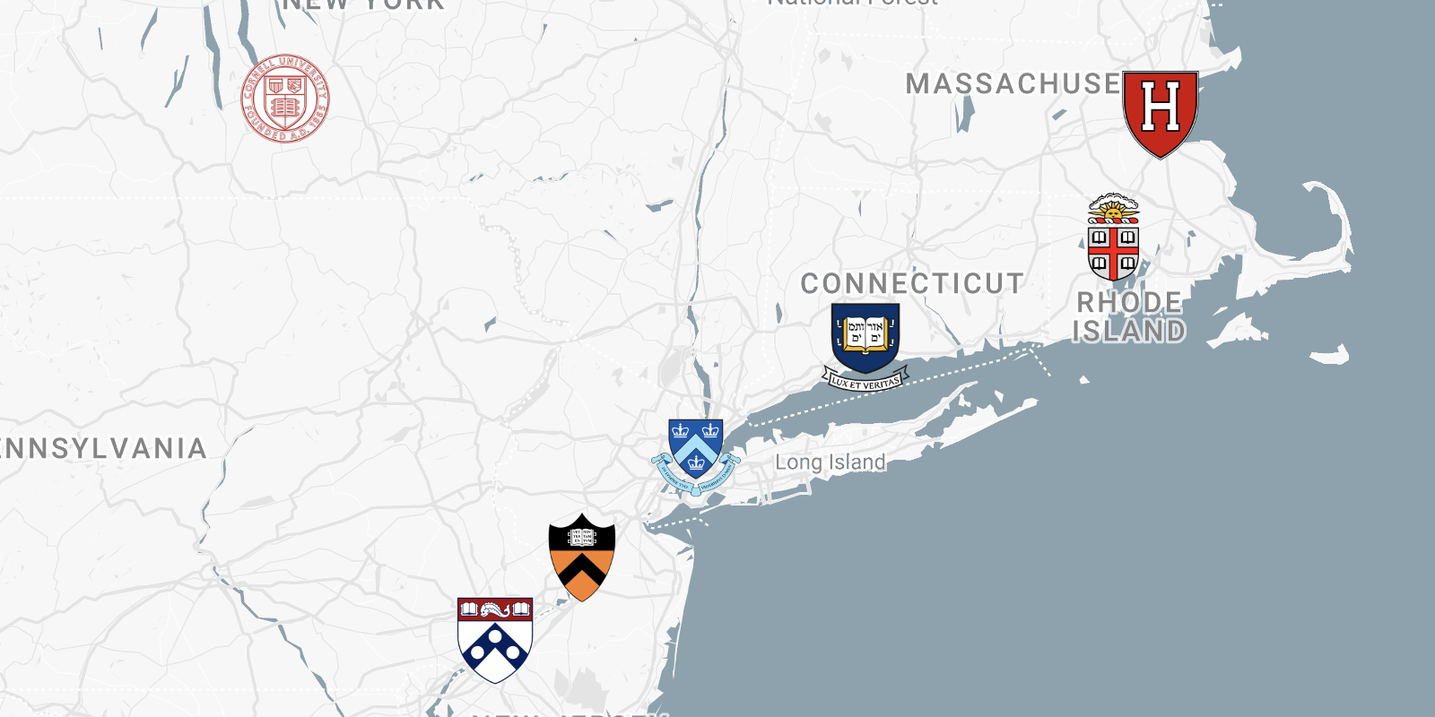 Map Of The Ivy League Schools for Map of Ivy League Schools USA