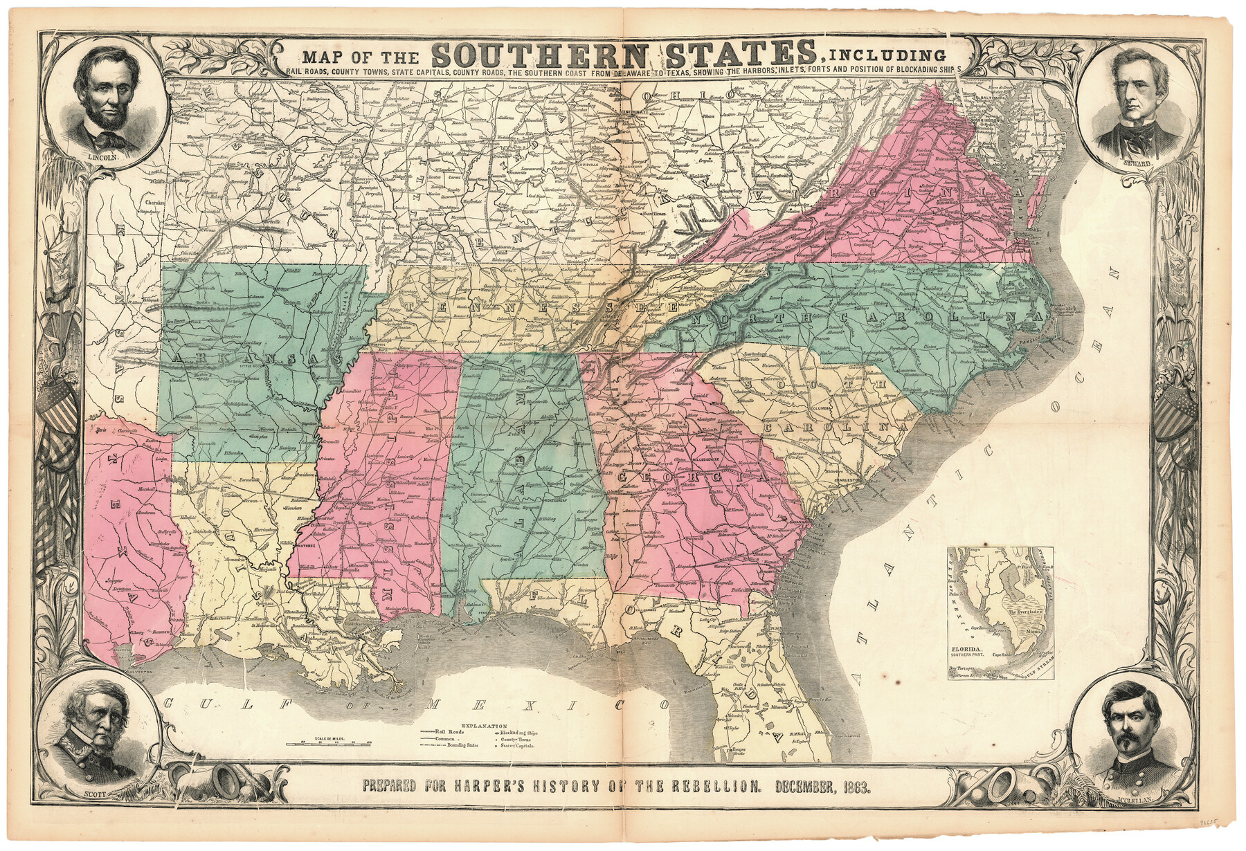 Map Of The Southern States, Including Rail Roads, County Towns inside Historic County Maps of States USA