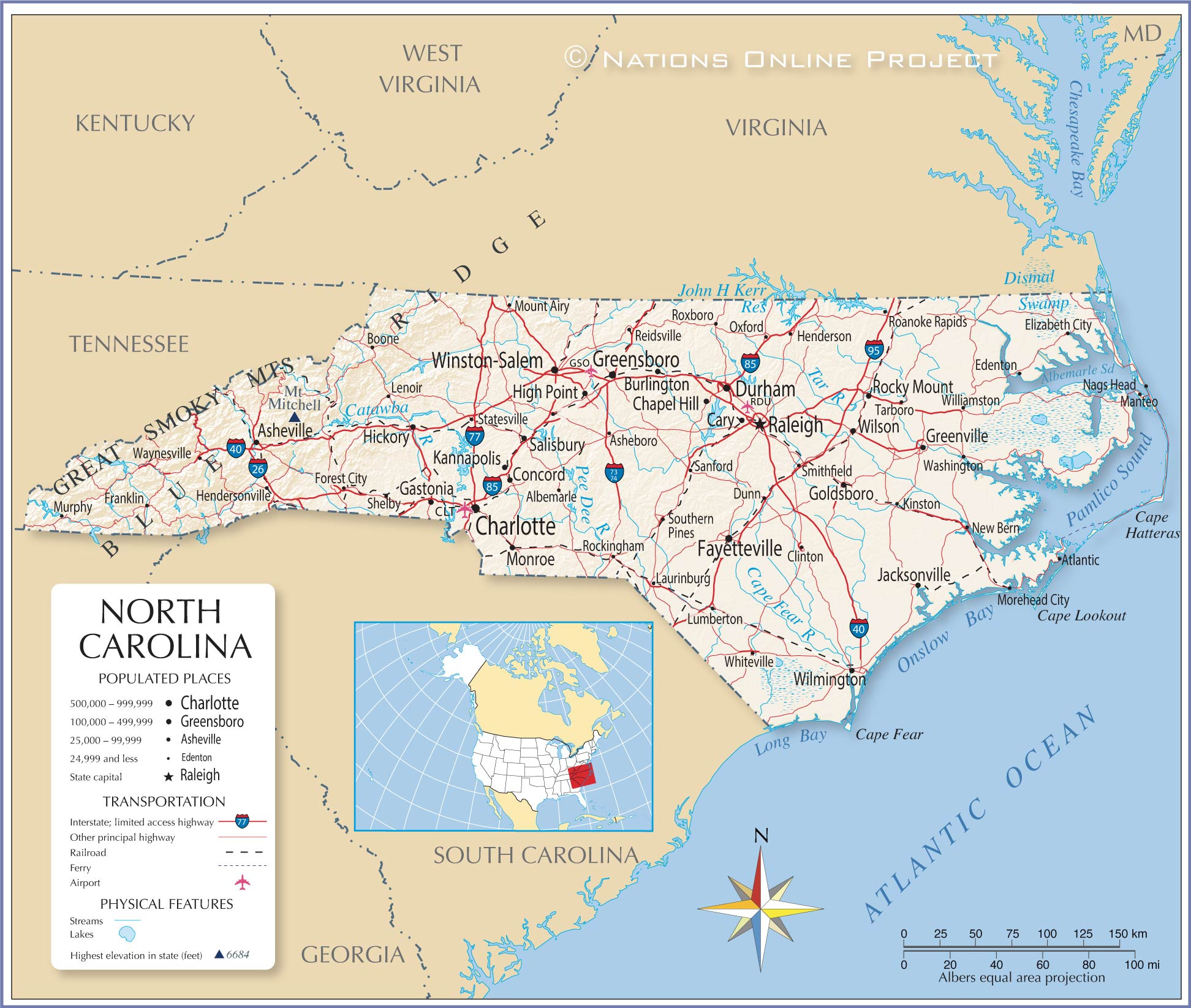 Map Of The State Of North Carolina, Usa - Nations Online Project within Map Of North Carolina Usa With Cities