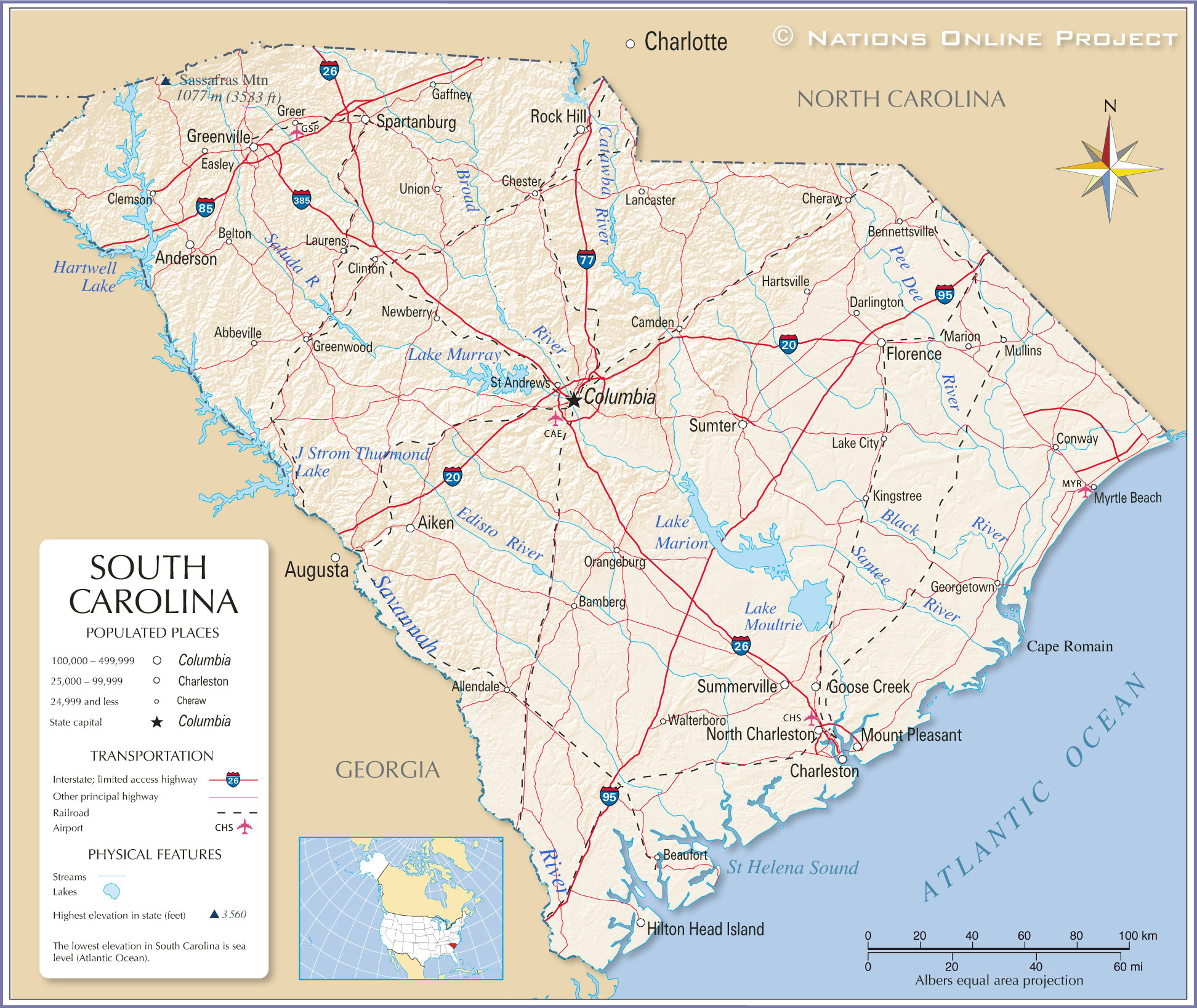 Map Of The State Of South Carolina, Usa - Nations Online Project with Map of South Carolina USA with Cities