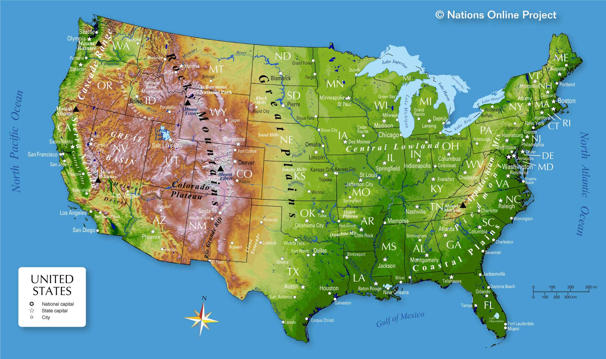 Map Of The United States - Nations Online Project for Map Of Usa With Mountains And States