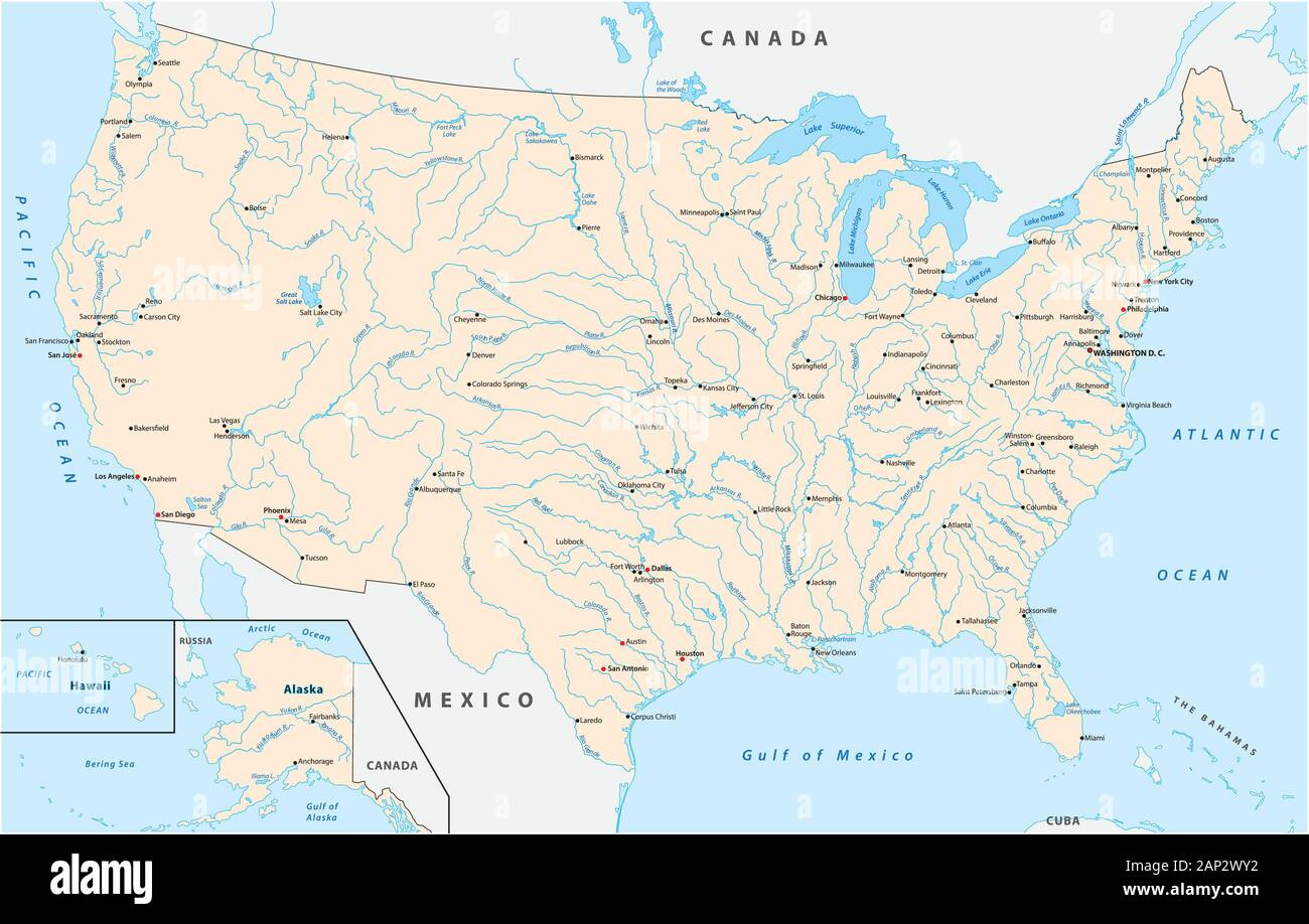 Map Of The United States With Major Cities Rivers And Lakes Stock throughout Map of USA with Rivers and Lakes