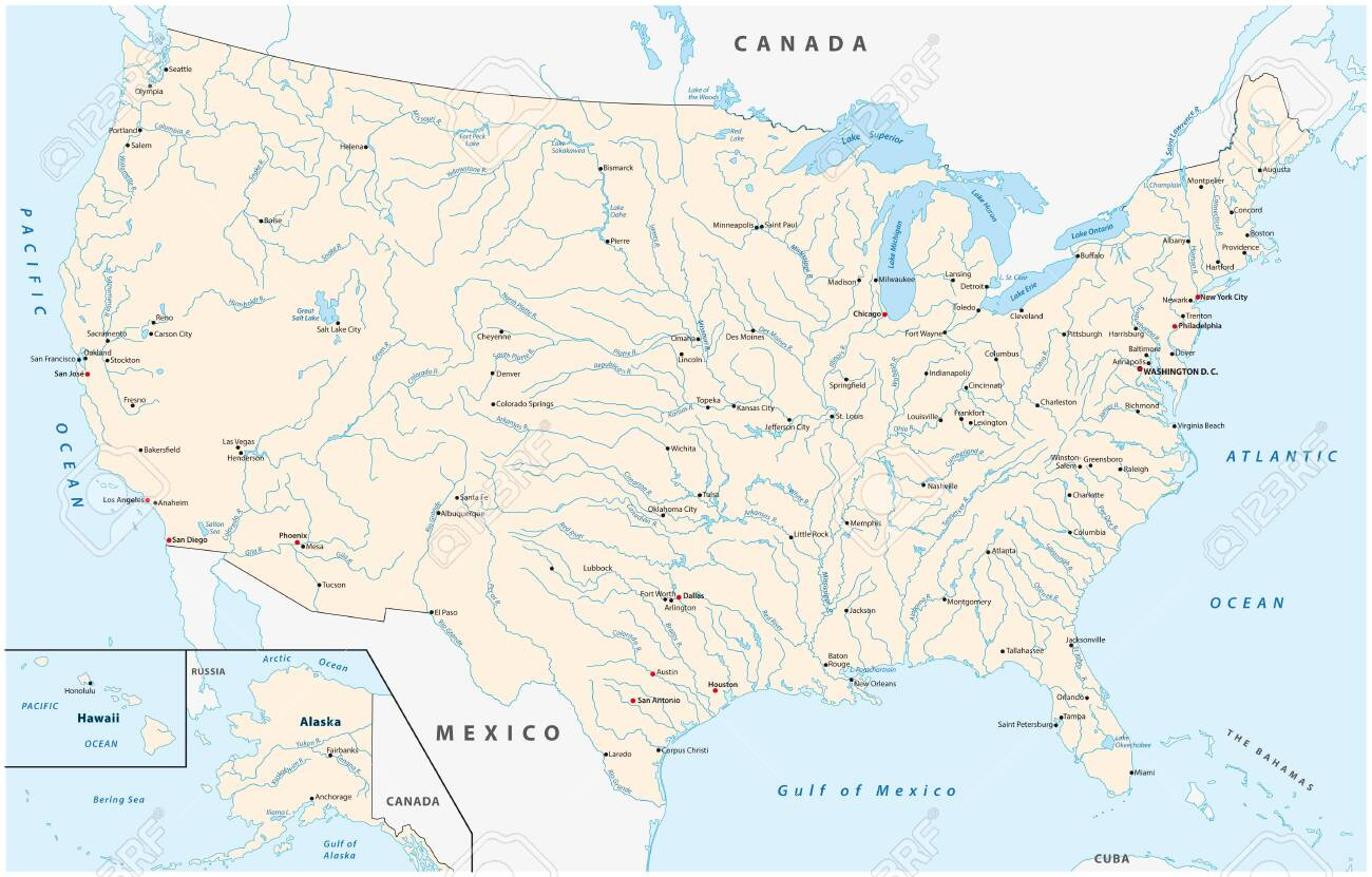 Map Of The United States With Major Cities Rivers And Lakes throughout Map of USA with Capitals and Rivers