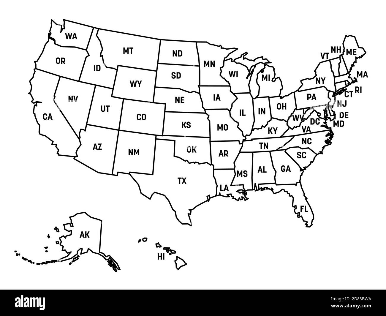 Map Of United States Of America, Usa, With State Postal in State Map of USA with Abbreviations
