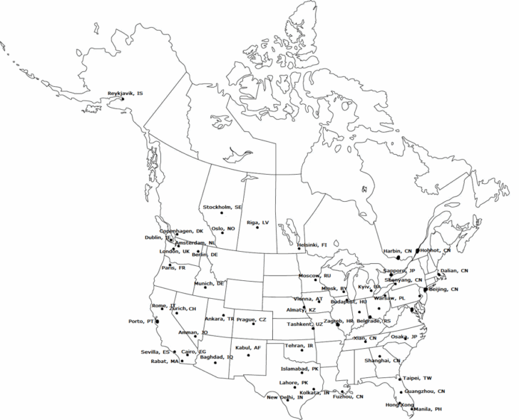 Map of USA and Canada with Major Cities