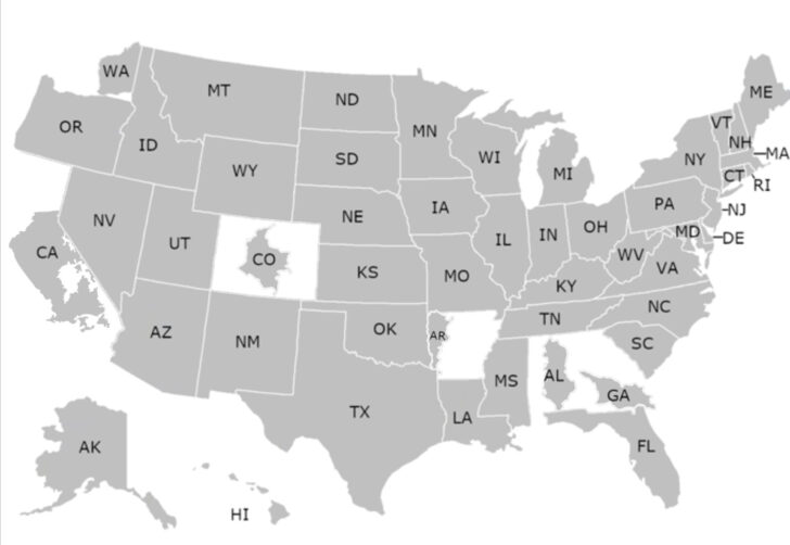Map of USA States with Abbreviations