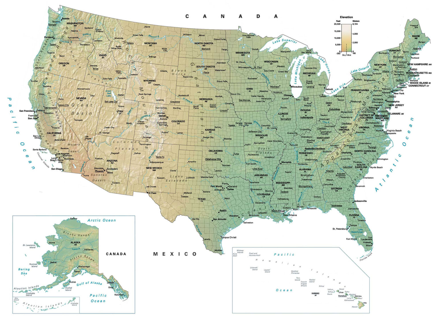 Map of USA with Rivers and Cities