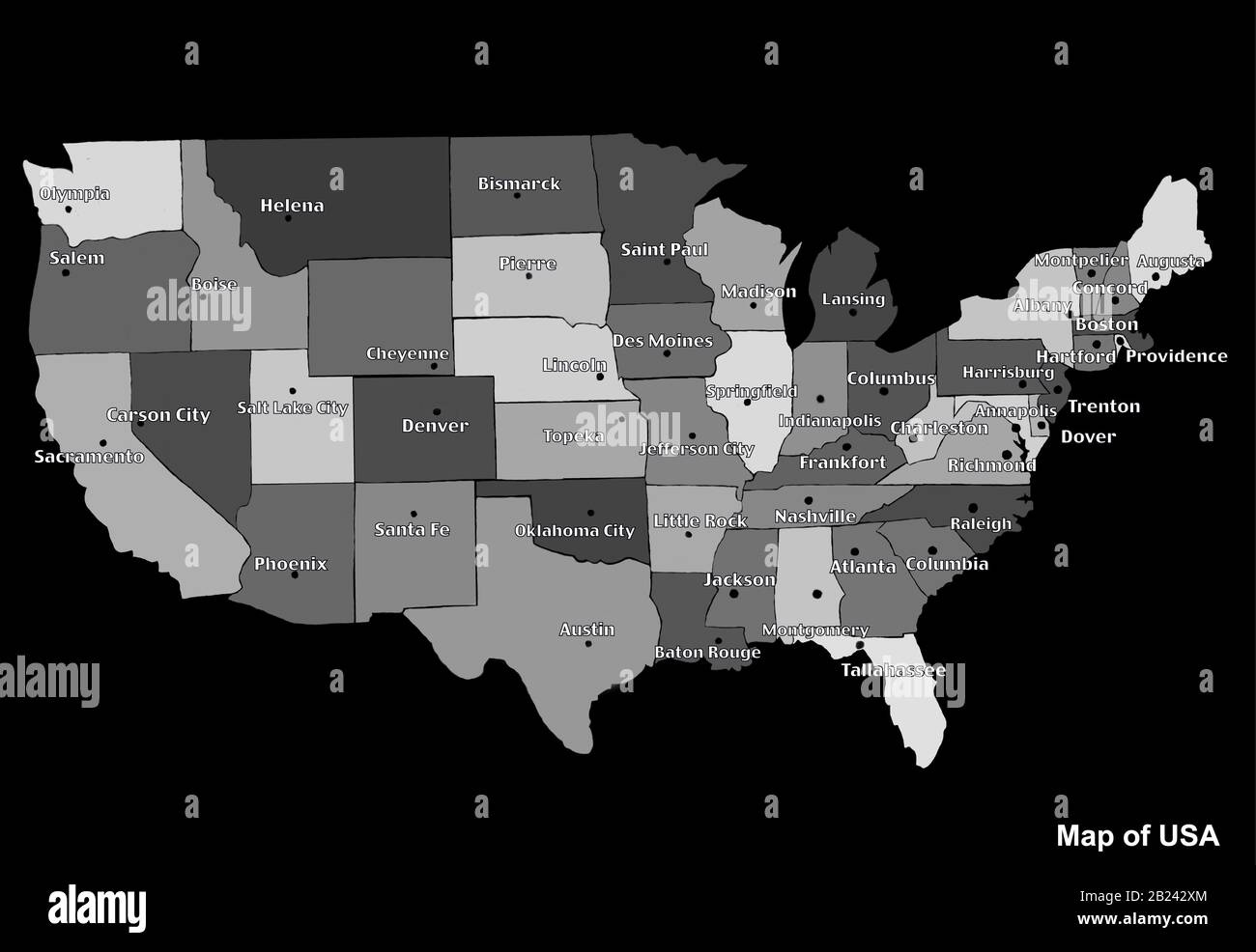 Map Of Usa With Regions And Cities. White And Black Graphic pertaining to Black and White Map of USA with Cities