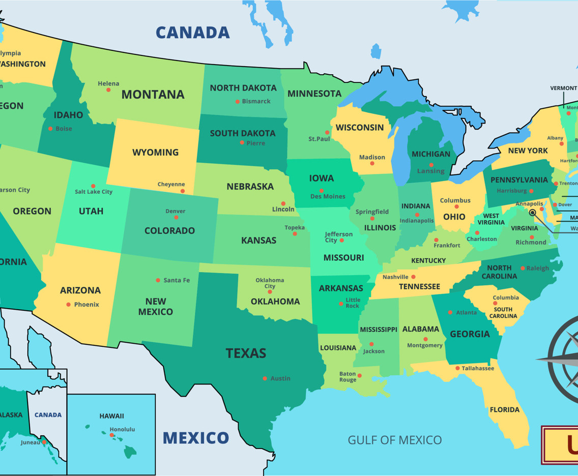 Map Of Usa With State Names throughout A Map of the USA with State Names
