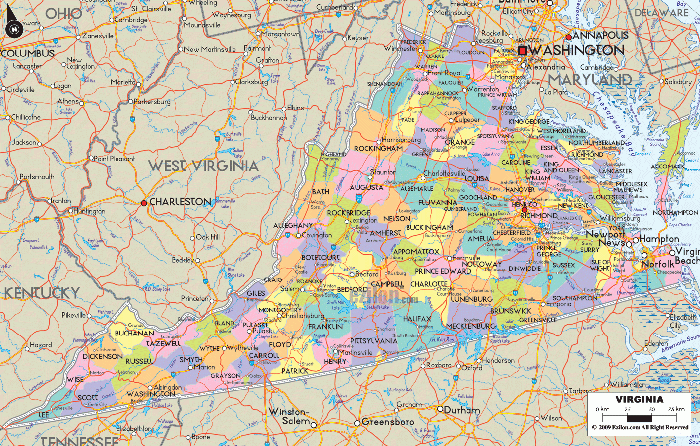 Map Of Virginia - Detailed Virginia Map With Cities, Counties And inside Map of Virginia USA and Surrounding States