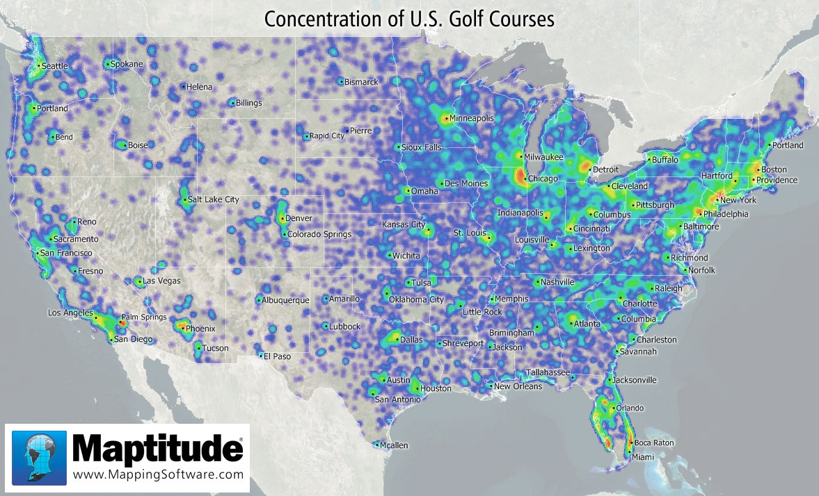 Maptitude Map: Concentration Of U.s. Golf Courses regarding Map Of Golf Courses In Usa