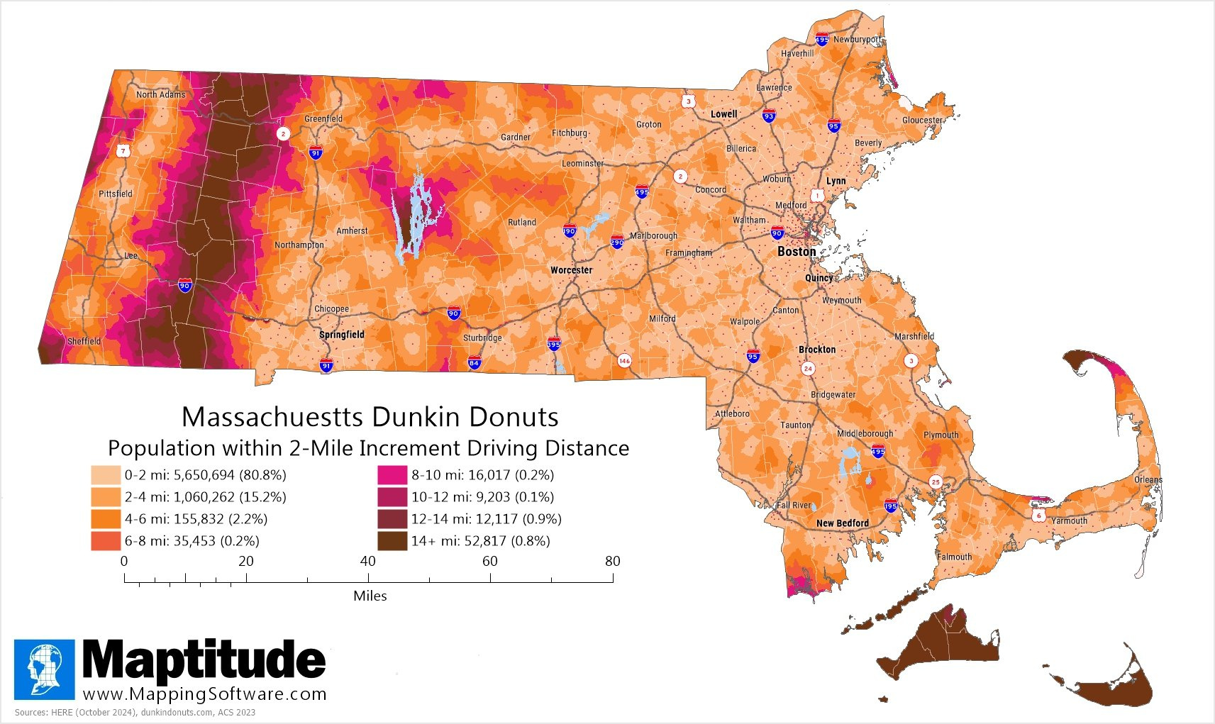 Maptitude Map: Massachusetts Dunkin Accessibility for Map of Dunkin Donuts In USA
