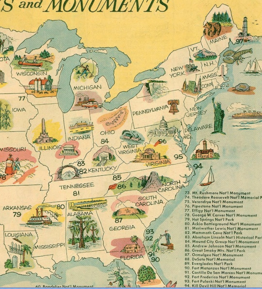 Mcm National Parks And Monuments Map, Instant Digital Download Printable Pdf, Usa 50 State Birds Flowers Symbols, Mid Century Posters - Etsy in Map Of Usa National Parks And Monuments