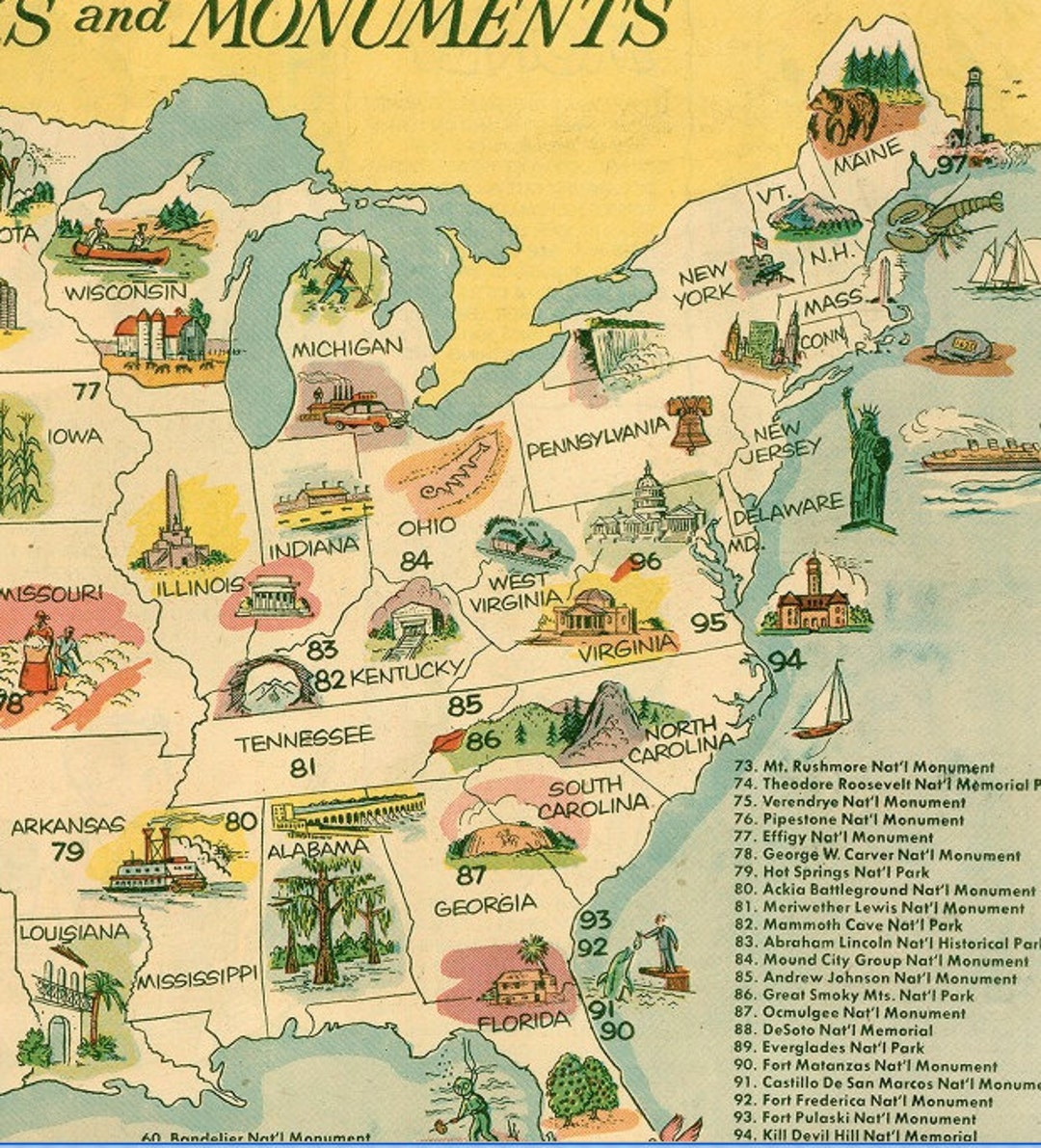 Mcm National Parks And Monuments Map, Instant Digital Download Printable Pdf, Usa 50 State Birds Flowers Symbols, Mid Century Posters - Etsy with Map Of National Monuments In Usa