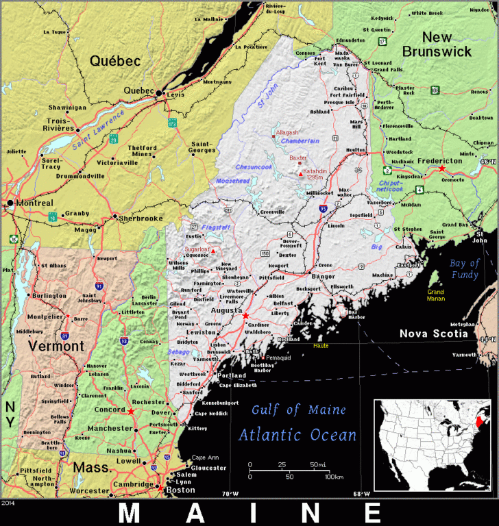Map of Maine USA and New Brunswick Canada