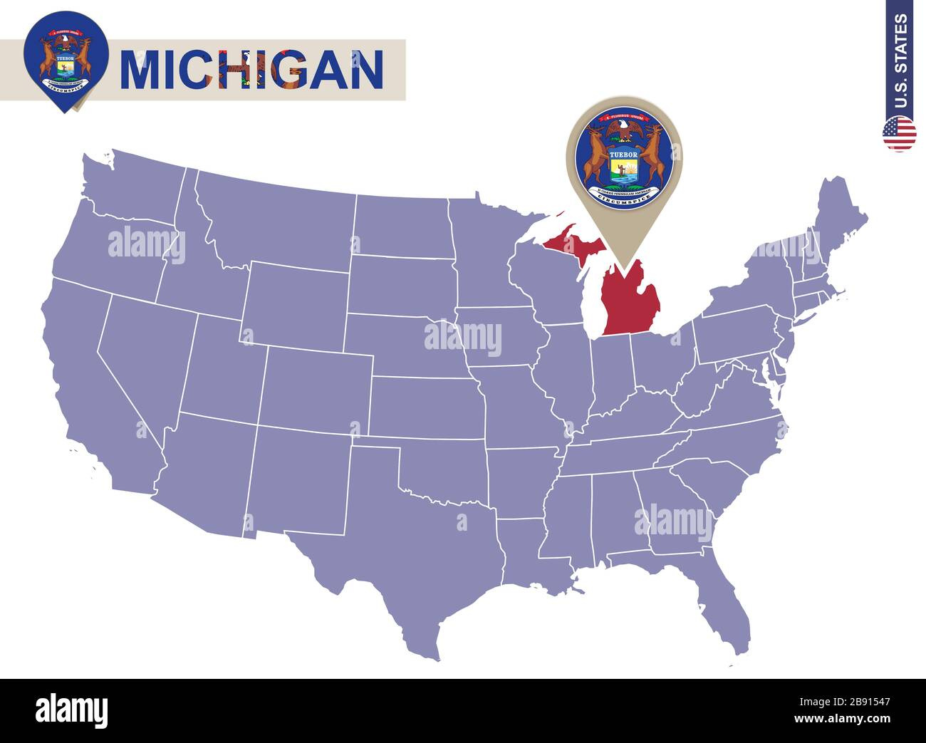 Michigan State On Usa Map. Flagge Und Karte Von Michigan. Us for Michigan On A Map Of Usa