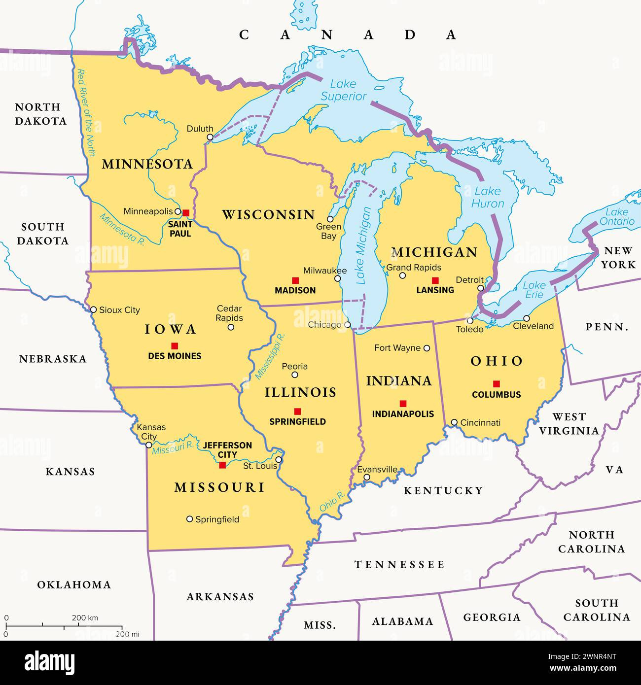 Midwest Region Der Vereinigten Staaten, Politische Karte regarding Map of the Midwest Region USA
