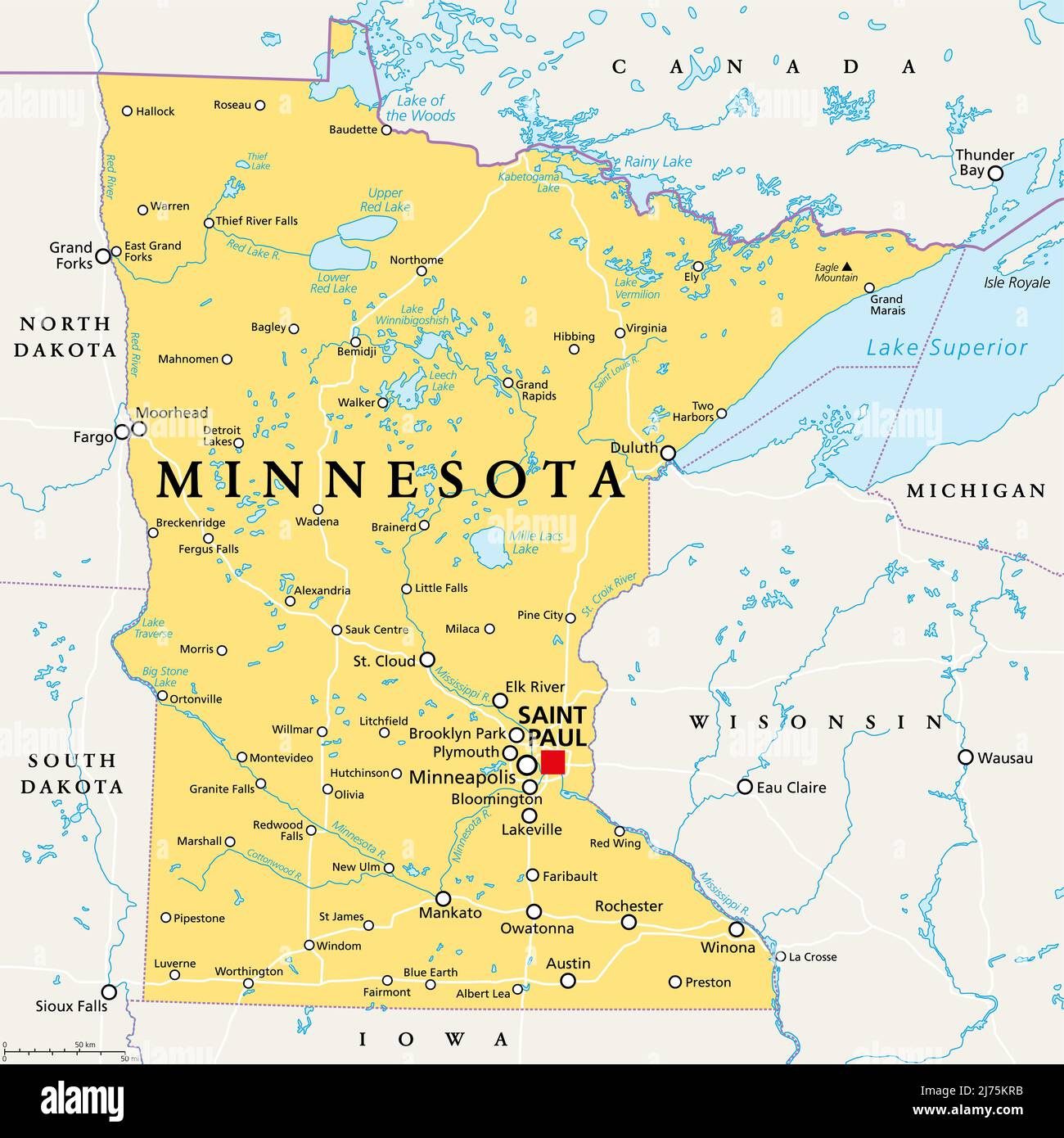 Minnesota, Mn, Political Map, With Capital Saint Paul And in Show Minneapolis On Map Of Usa