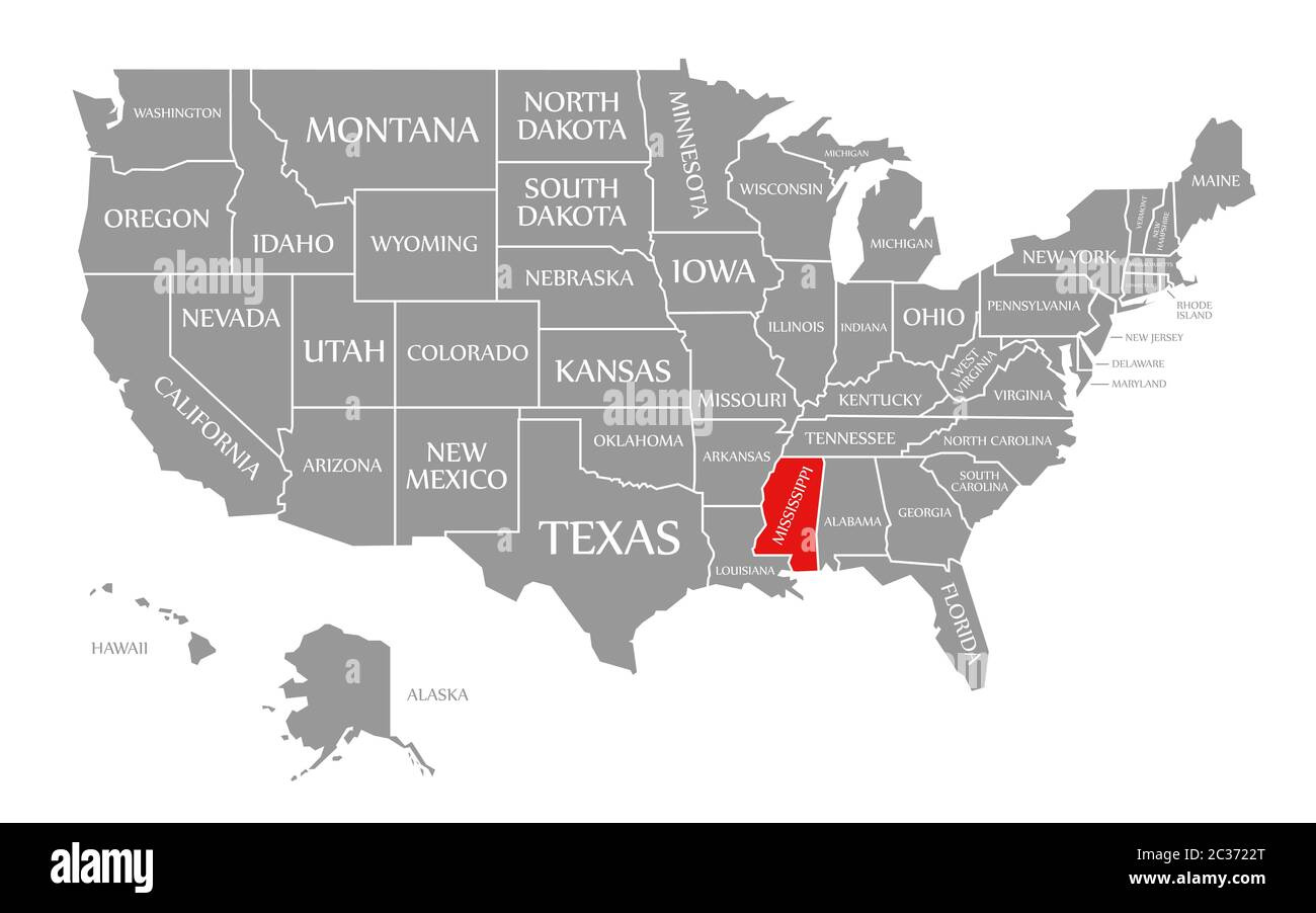 Mississippi Red Highlighted In Map Of The United States Of America inside Mississippi On the Map of USA