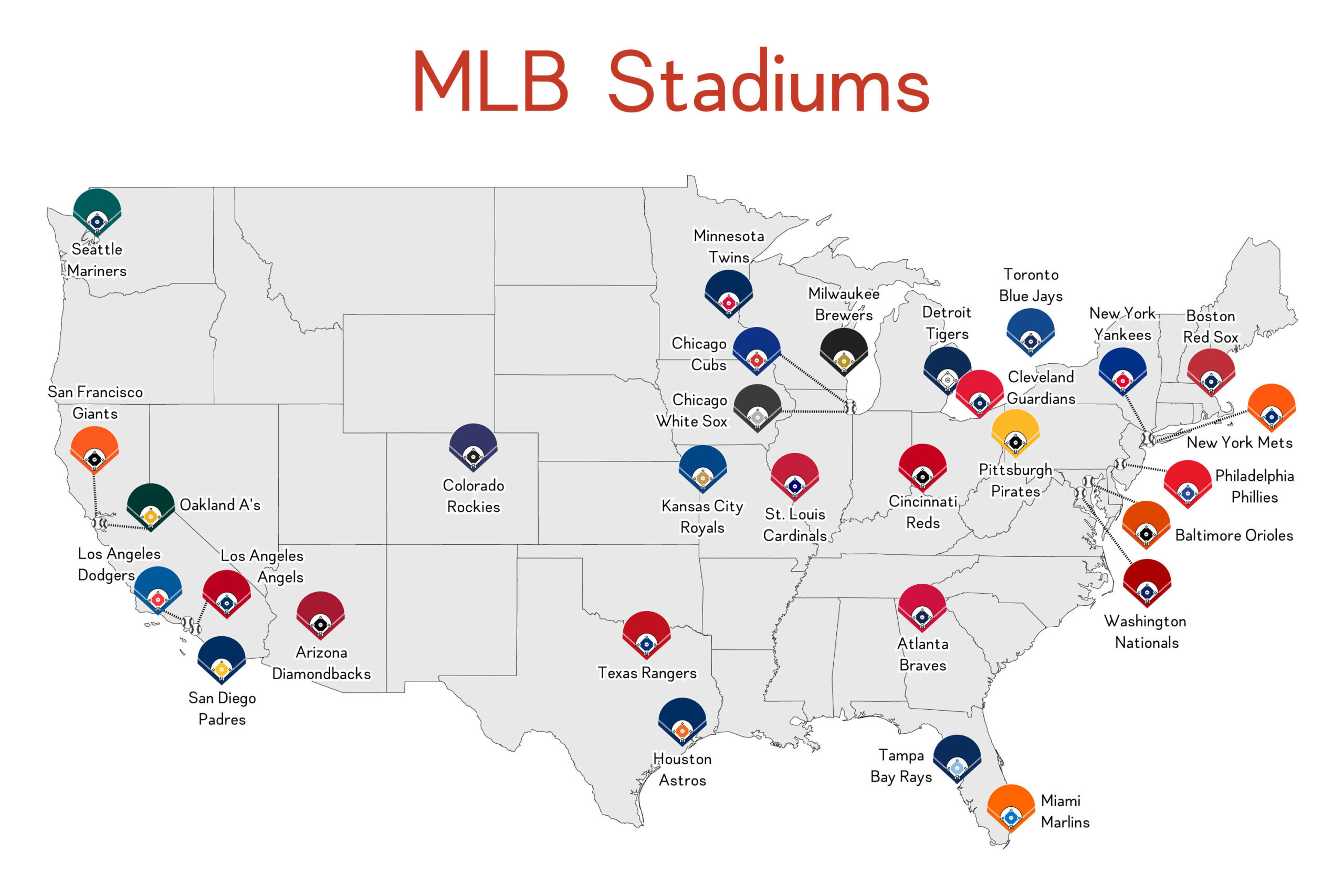 Mlb Stadien Map Druck Major League Baseball Stadien Us Karte within Map of Mlb Stadiums In USA