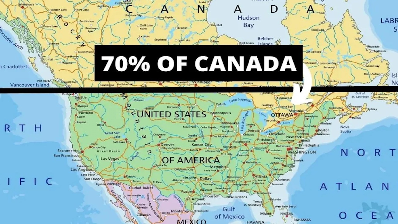 Most Canadians Live South Of Seattle And Other Mental Map regarding Map of USA and Canada Border Cities