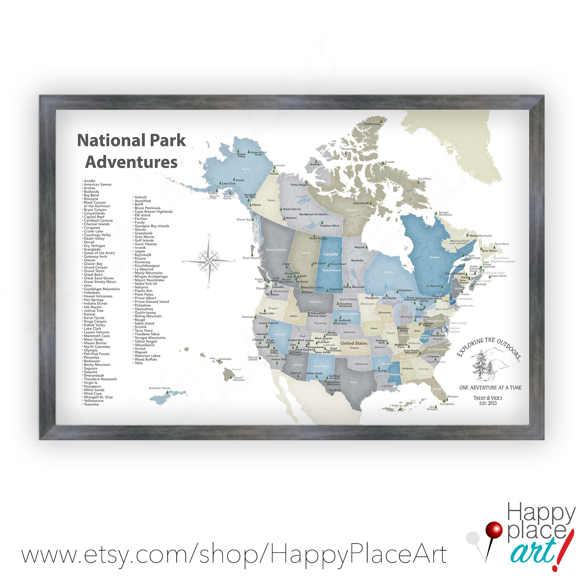 National Parks Map Of Usa And Canada Canvas, Print Or Push Pin Map regarding Map of National Parks In USA and Canada