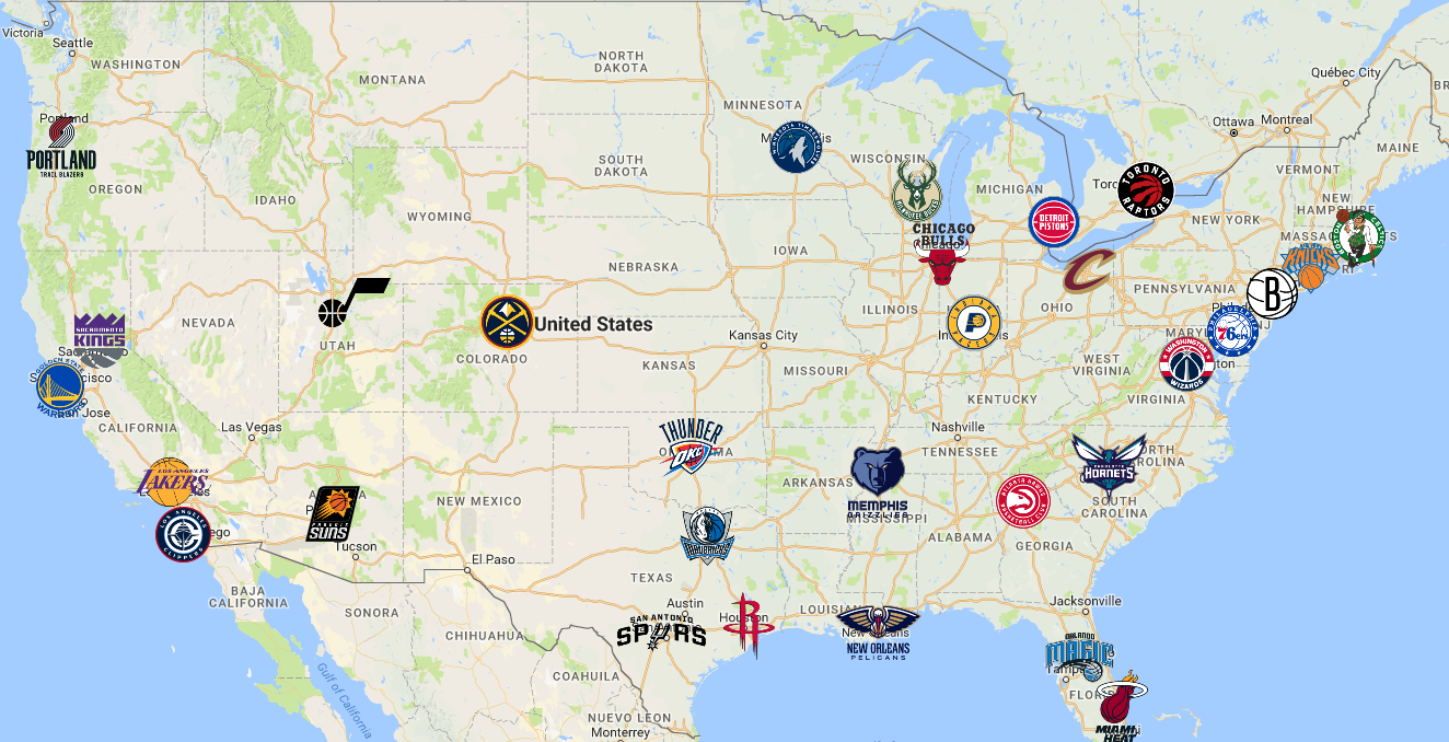 Nba Map | Teams | Logos - Sport League Maps inside Map Of Usa With Nba Teams