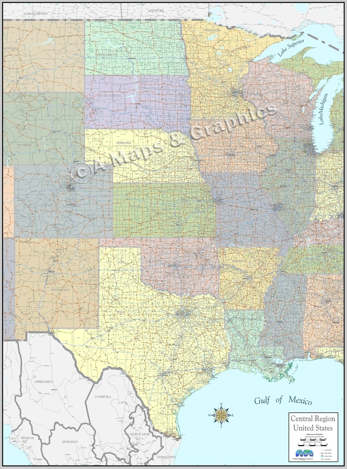 New Detailed Business Wall Map Central United States Laminated inside Map Of Central Usa With Cities