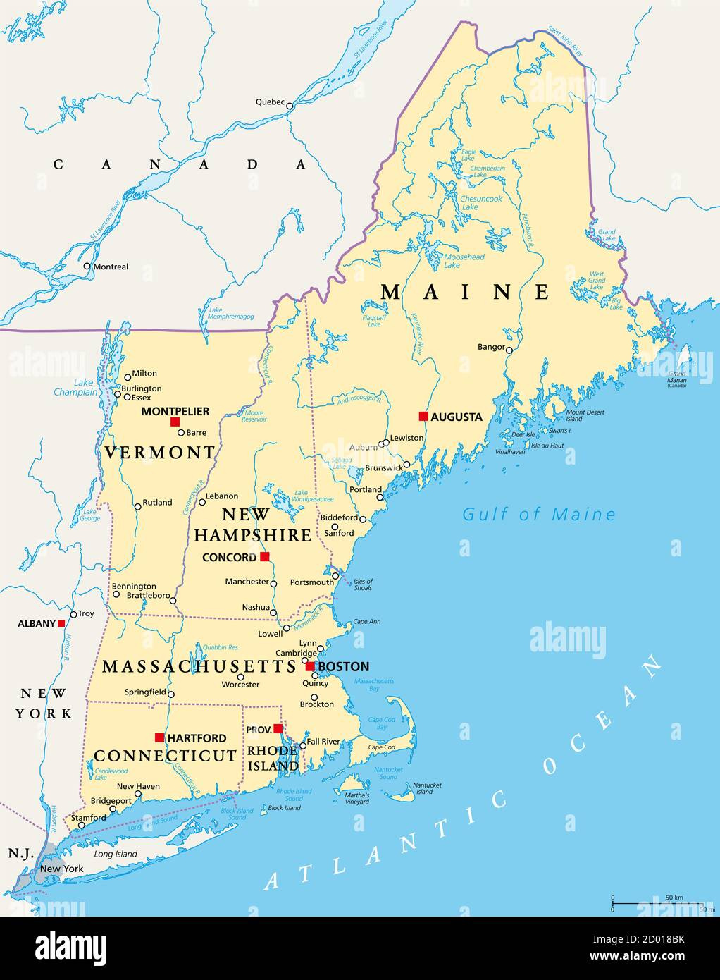 New England Region Of The United States Of America, Political Map inside Map Of Vermont And New Hampshire Usa