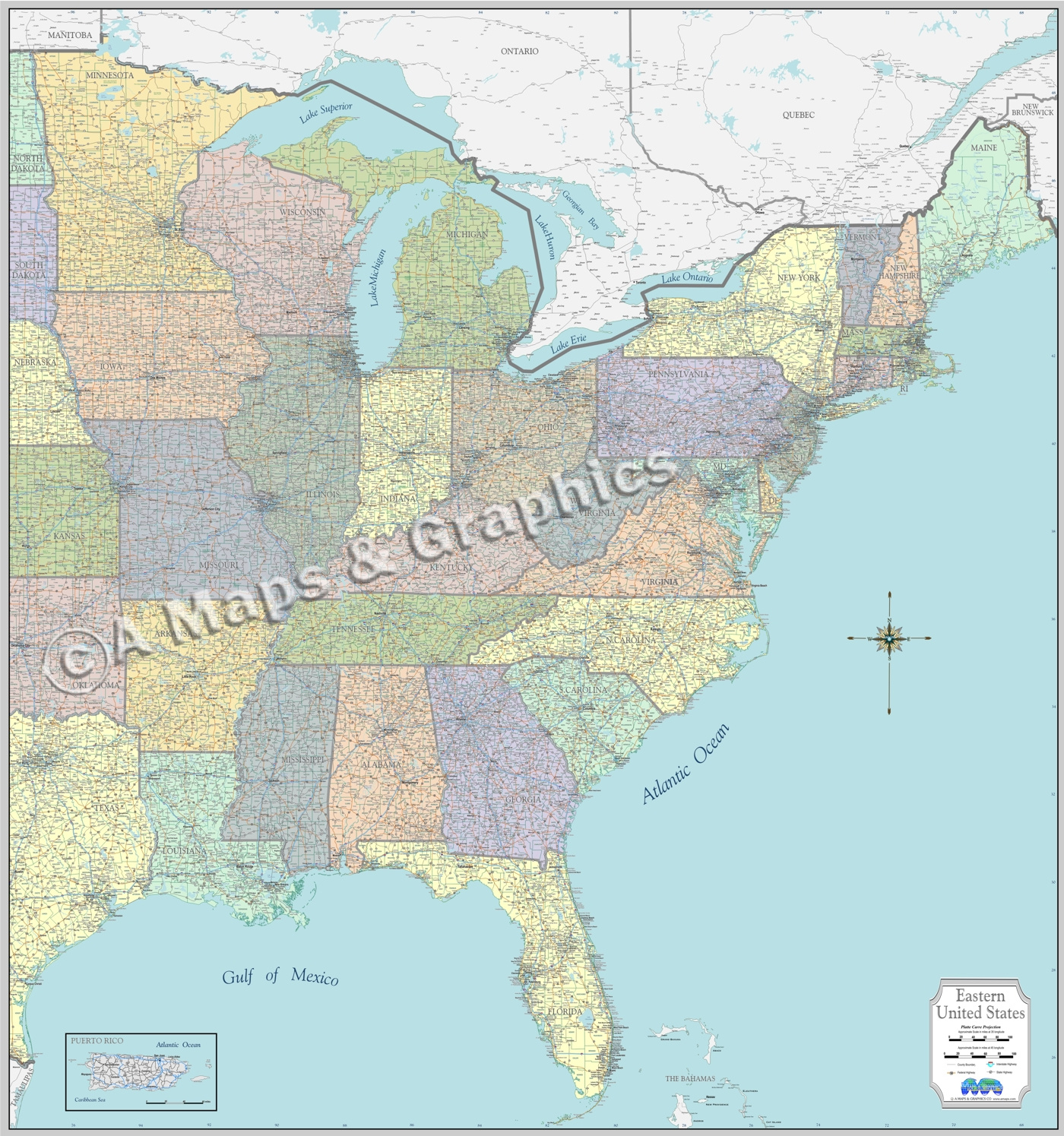New High-Detail Wall Map Eastern Usa Laminated within Map Of Eastern Half Of Usa