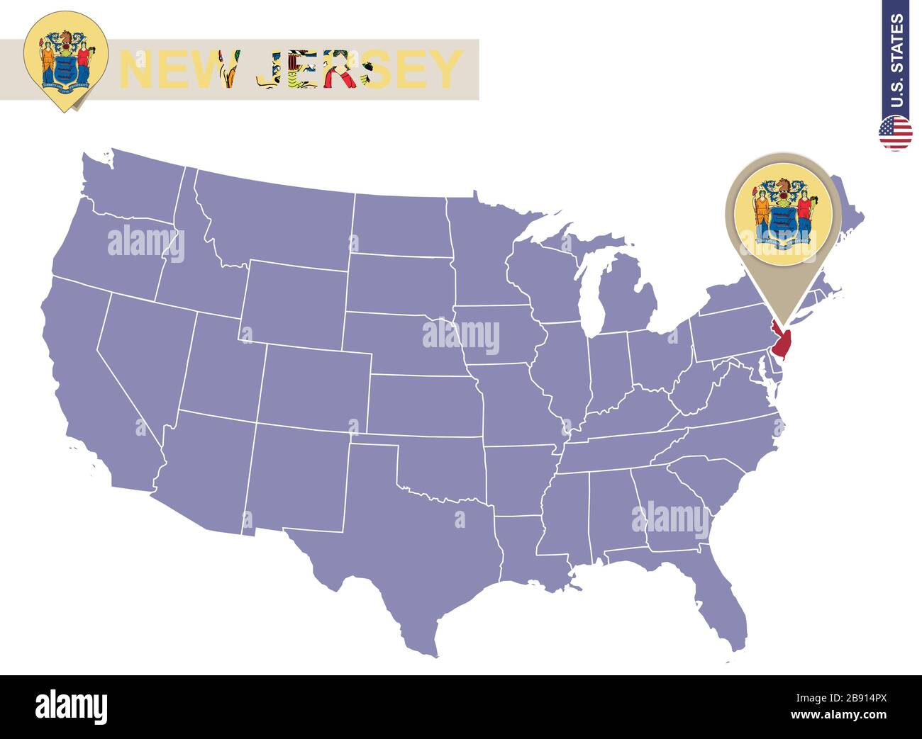 New Jersey State On Usa Map. Flagge Und Karte Von New Jersey. Us throughout New Jersey On A Map Of The Usa