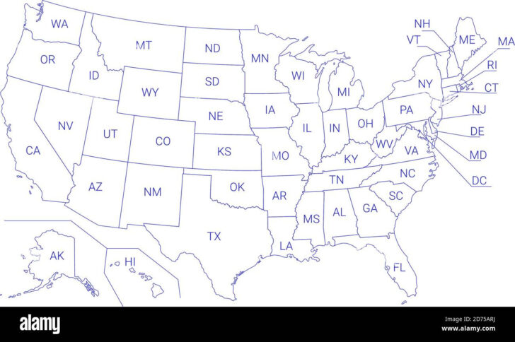 Outline Map of USA with States Labeled