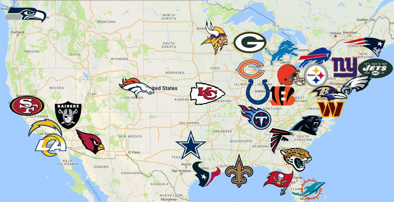 Nfl Map | Teams | Logos - Sport League Maps throughout Map of USA with Football Teams