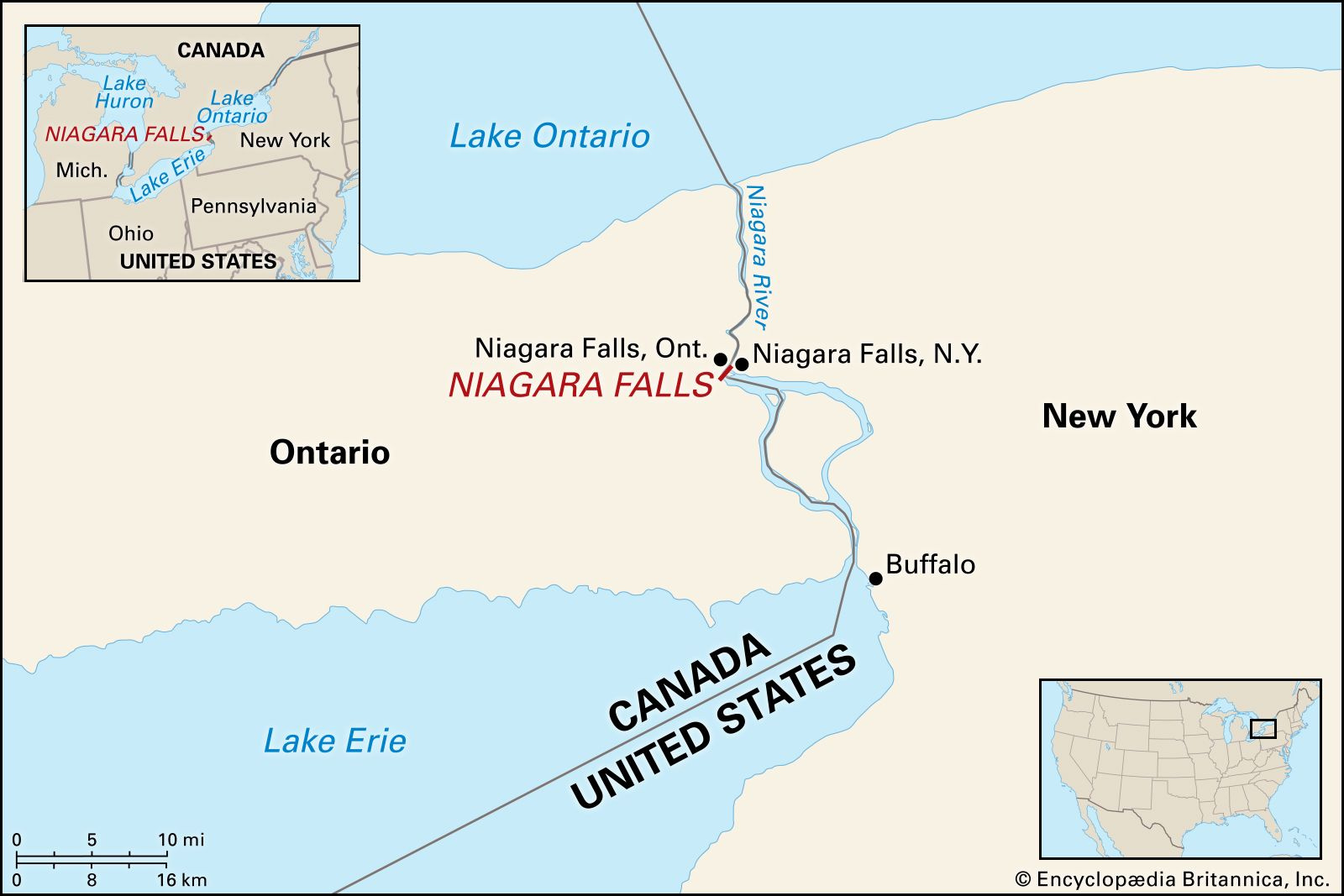 Niagara Falls | City, Map, Height, &amp;amp; Facts | Britannica throughout Niagara Falls On Map of USA