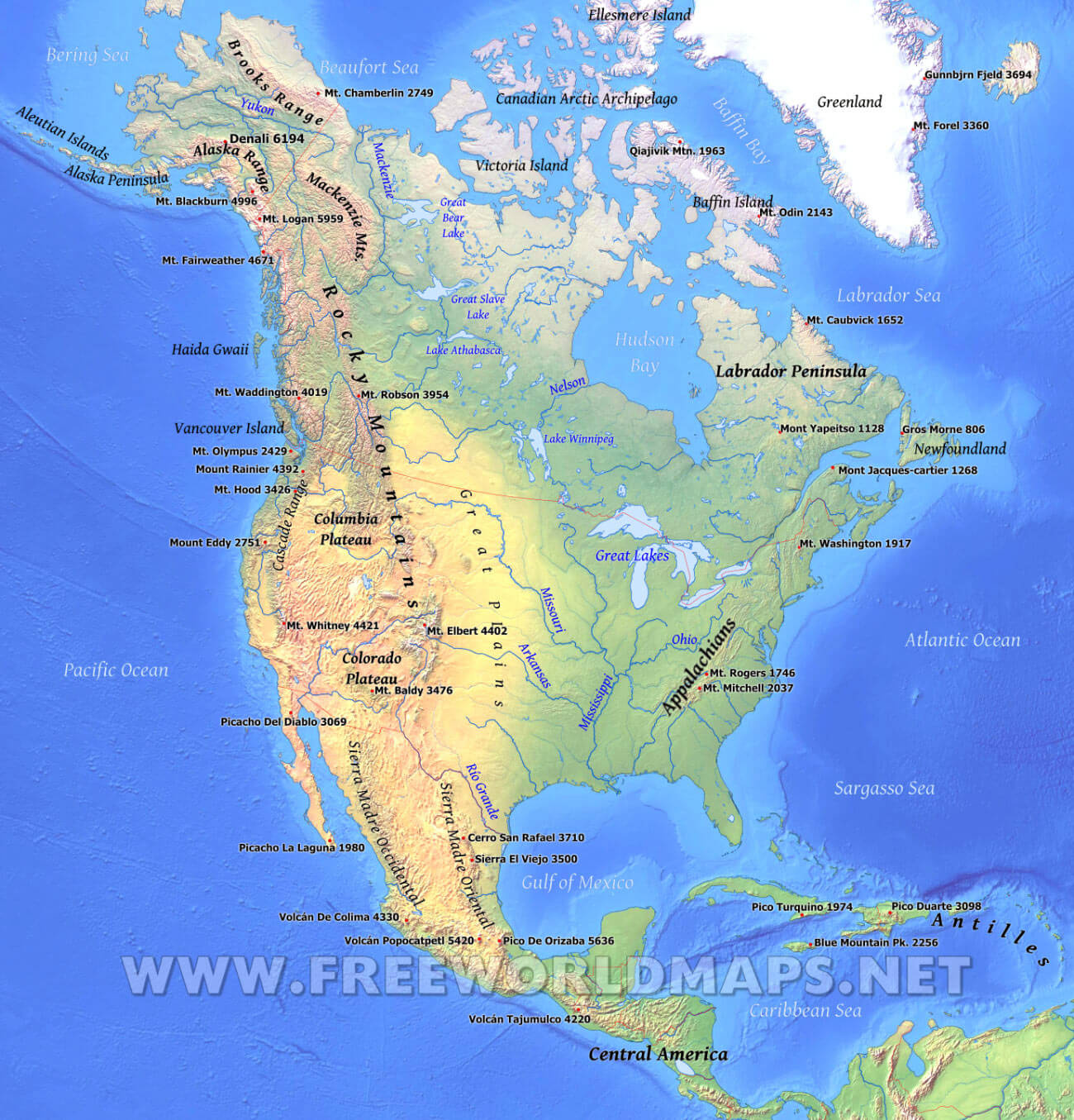 North America Physical Map – Freeworldmaps with regard to Physical Map of USA with Rivers
