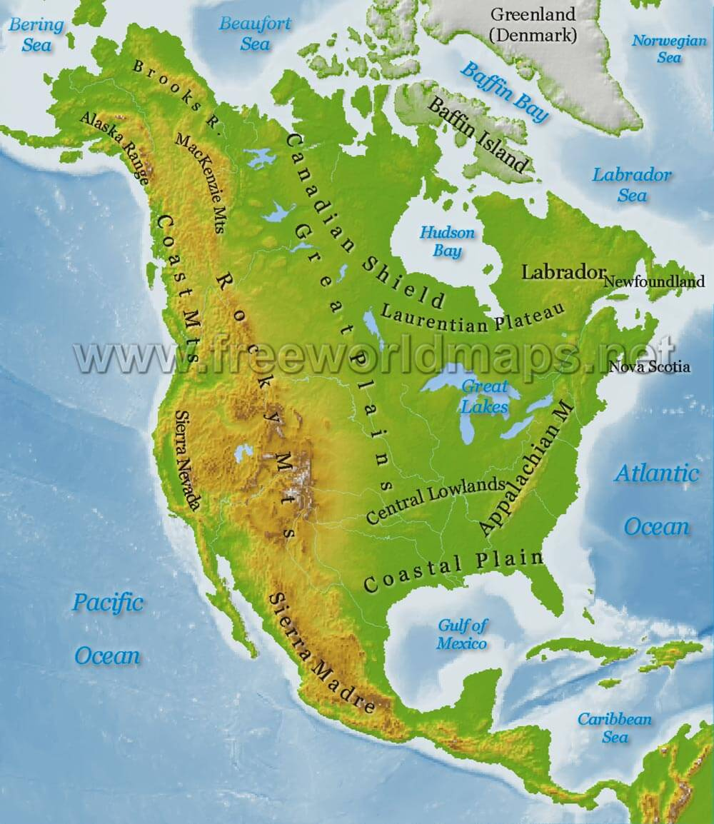 North America Physical Map – Freeworldmaps within Geographical Map of USA and Canada