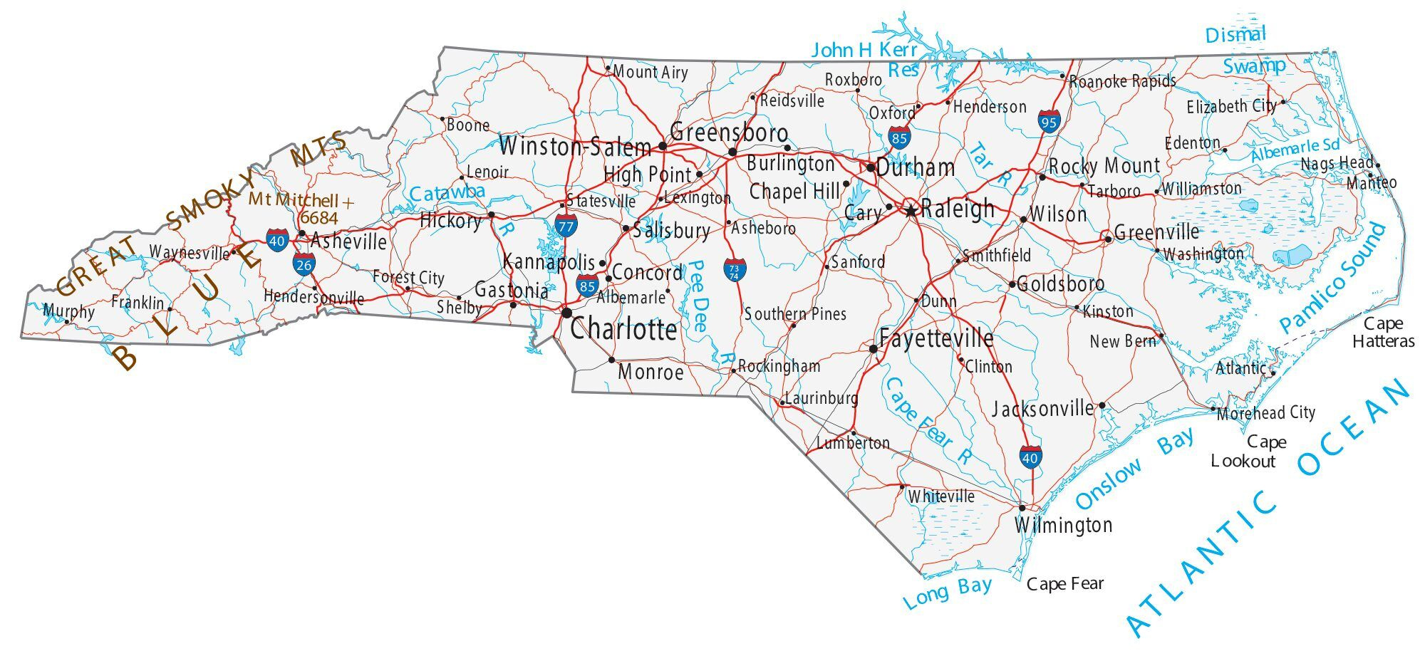 North Carolina Map - Cities And Roads - Gis Geography in Map Of North Carolina Usa With Cities