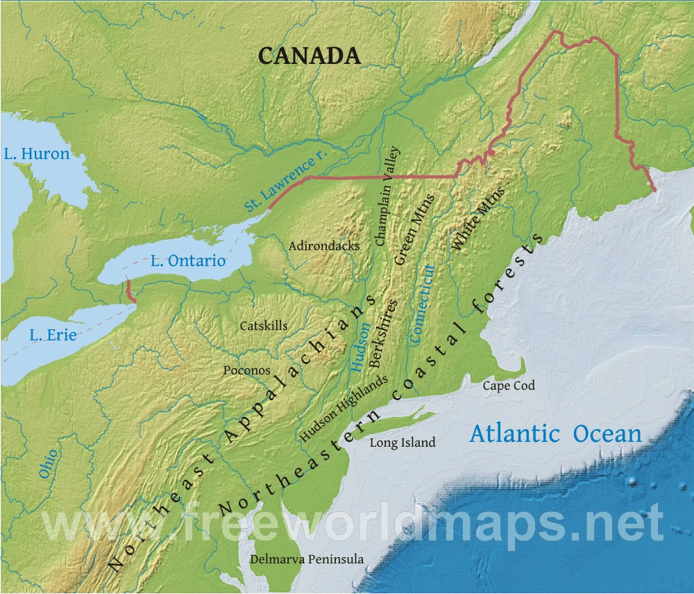 Northeastern Us Physical Map in Map Of North East Coast Usa And Canada